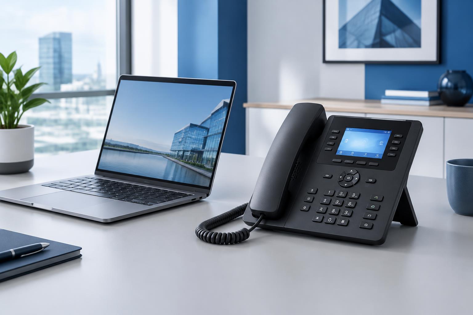 Telefone IP profissional e computador num escritório