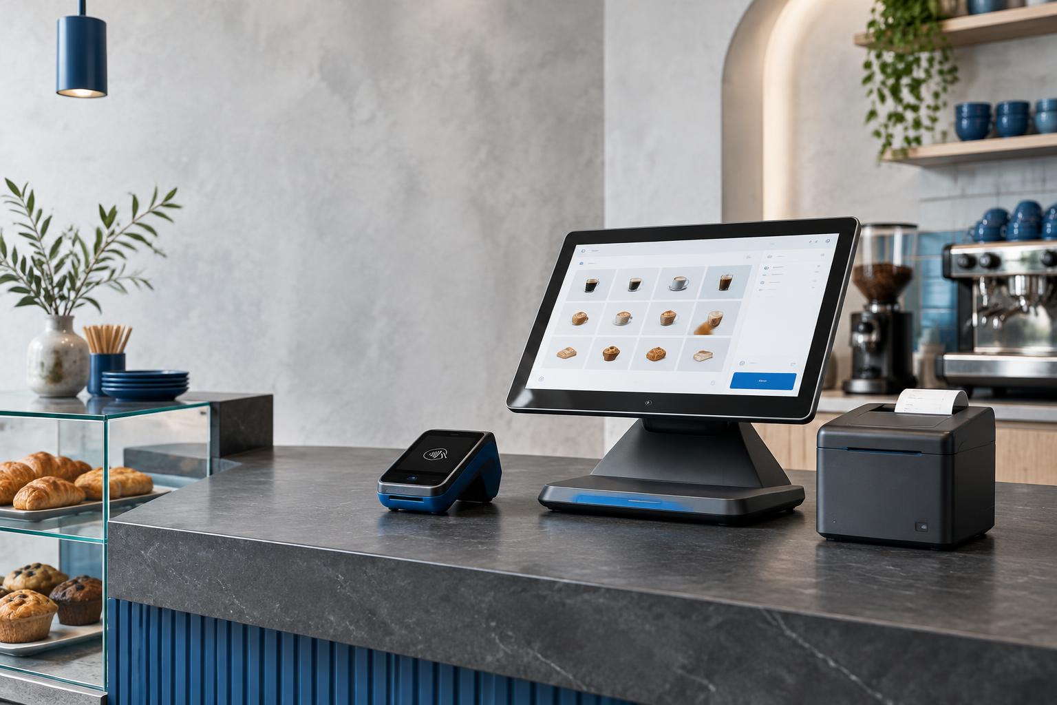 Sistema POS, terminal de pagamento e impressora num balcão de café
